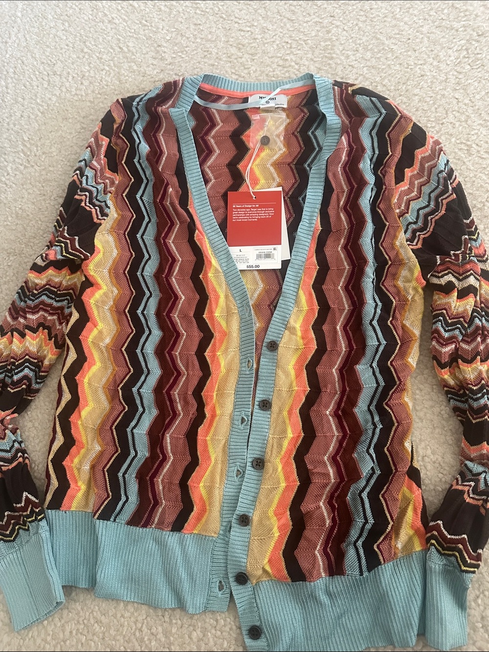 Missoni Multicolor Zigzag Knit Cardigan with Light Blue Trim